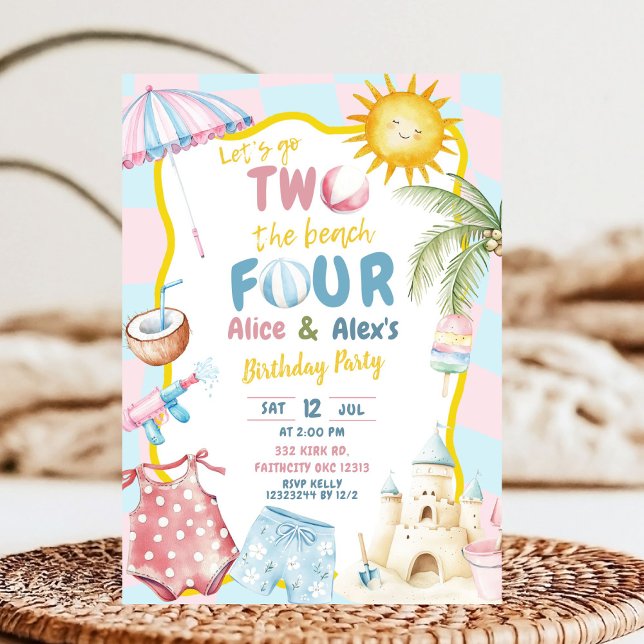 Invitación Pink and Blue Groovy Pastel Sibling Beach Party  (Subido por el creador)