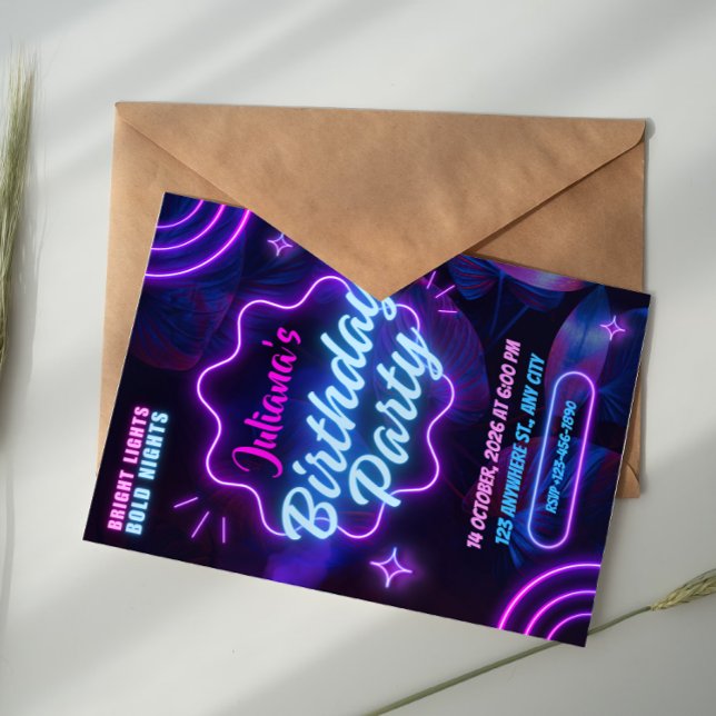 Invitación Pink and Blue Tropical Neon Birthday Party  (Subido por el creador)