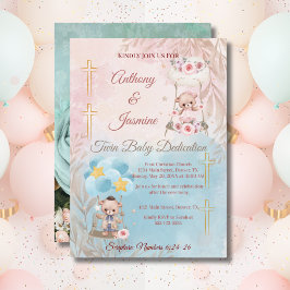 Invitación Pink and Blue Twin Teddy Bears on Swing with Photo