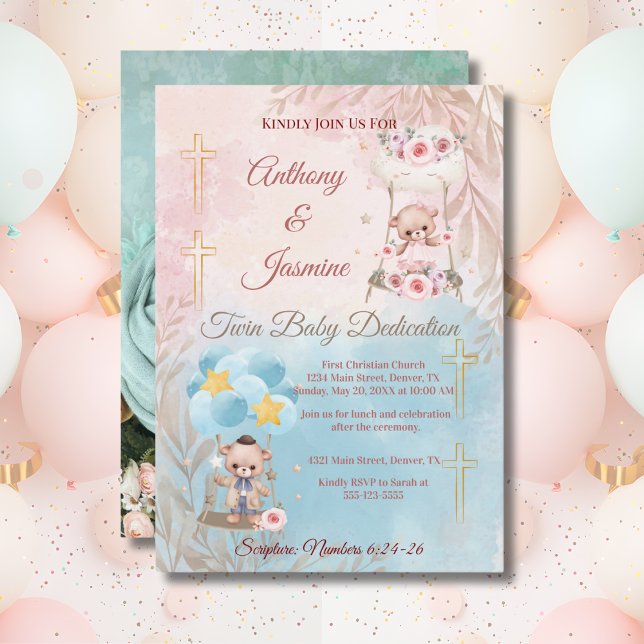 Invitación Pink and Blue Twin Teddy Bears on Swing with Photo (Subido por el creador)