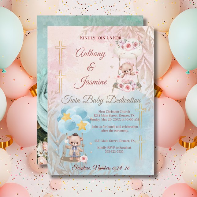 Invitación Pink and Blue Twin Teddy Bears on Swing with Photo (Subido por el creador)