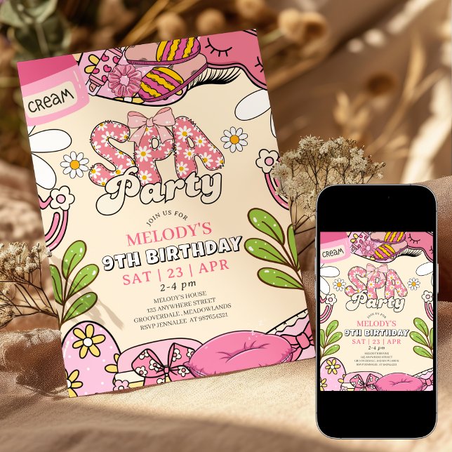 Invitación Pink and Cream Retro Daisy Spa Party Birthday  (Subido por el creador)