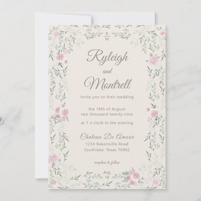 Invitación Pink and Cream Rose and Greenery Modern Elegant (Anverso)