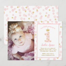 Invitación Pink and Gold Dots Primer Cumpleaños de la Princes