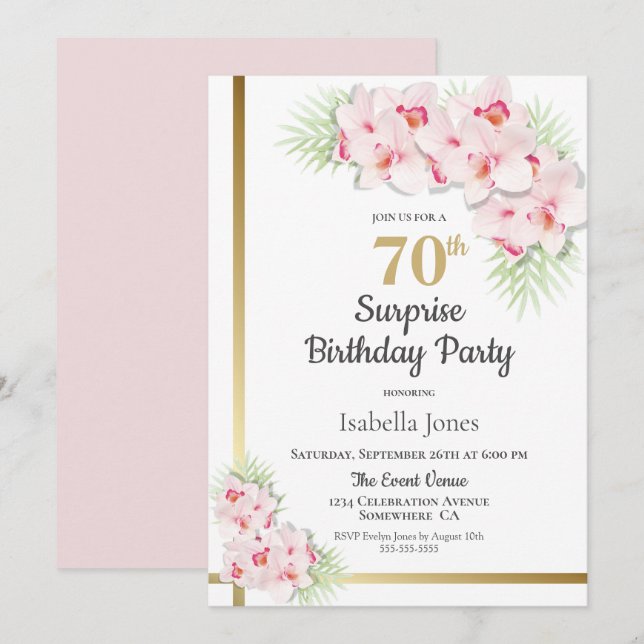 Invitación Pink and Gold Floral Surprise Fiesta de Cumpleaños (Anverso / Reverso)