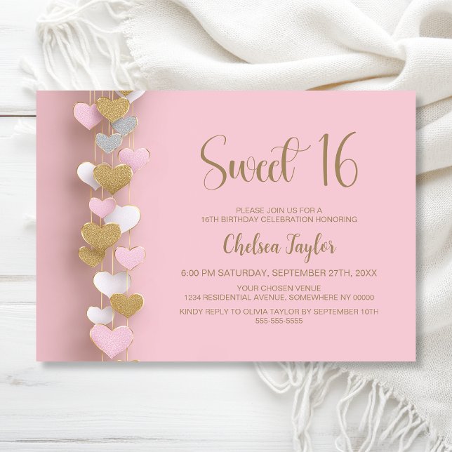 Invitación Pink and Gold Heart Theme Sweet 16 Birthday (Subido por el creador)