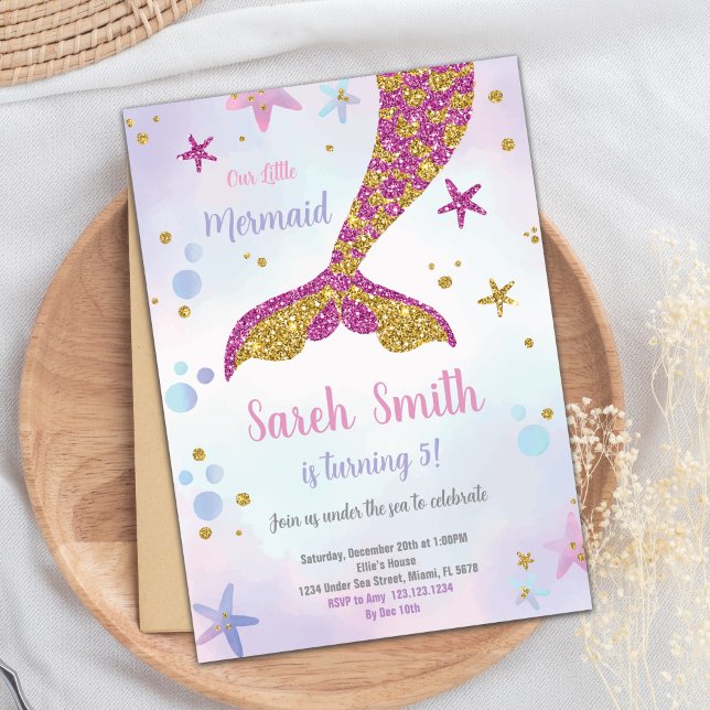 Invitación Pink and Gold Mermaid Glitter Tail Invitation (Pink and Gold Mermaid Glitter Tail Invitation)