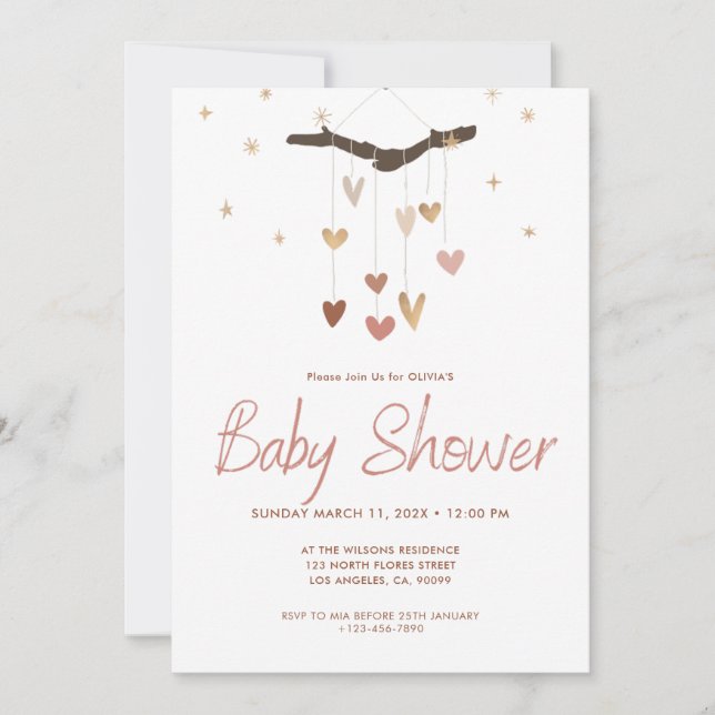 Invitación Pink and Gold Moderno Simple Cute Boho Baby Shower (Anverso)