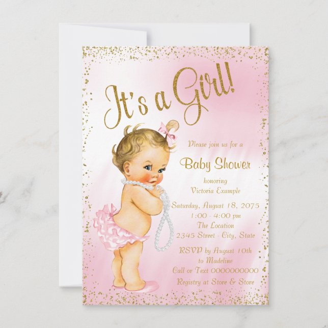 Invitación Pink and Gold Pearl Baby Shower (Anverso)