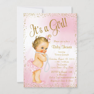 Invitación Pink and Gold Pearl Baby Shower