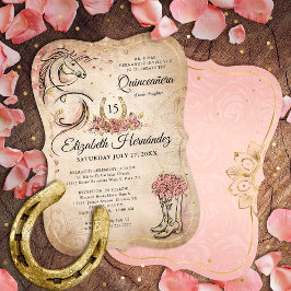 Invitación Pink and Gold Quinceanera Rústica Horse Cumpleaños