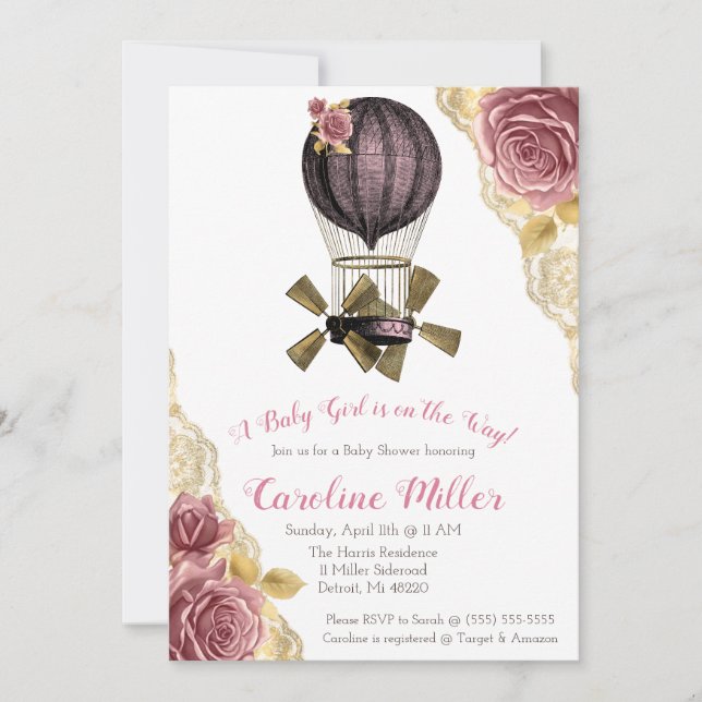 Invitación Pink and Gold Steampunk Hot Air Balloon Shower (Anverso)