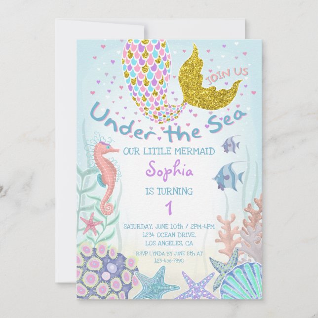 Invitación Pink and Gold Under Sea Mermaid Cumpleaños (Anverso)