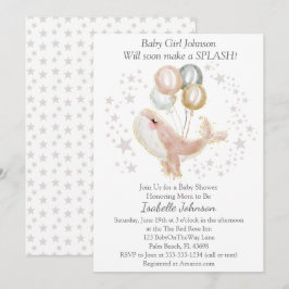 Invitación Pink and Gold Watercolor Cute Whale Baby Shower
