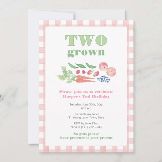 Invitación Pink and Green Farmers Market Girl 2nd Birthday (Anverso)