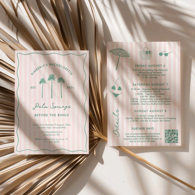 Invitación Pink And Green Palm Springs Bachelorette Weekend (Double-sided Palm Springs Before the Rings theme bachelorette weekend party itinerary invitation)