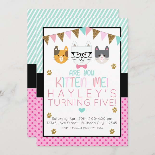 Invitación Pink and Mint Are You Kitten Me Cat Birday (Anverso / Reverso)