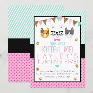 Invitación Pink and Mint Are You Kitten Me Cat Birday