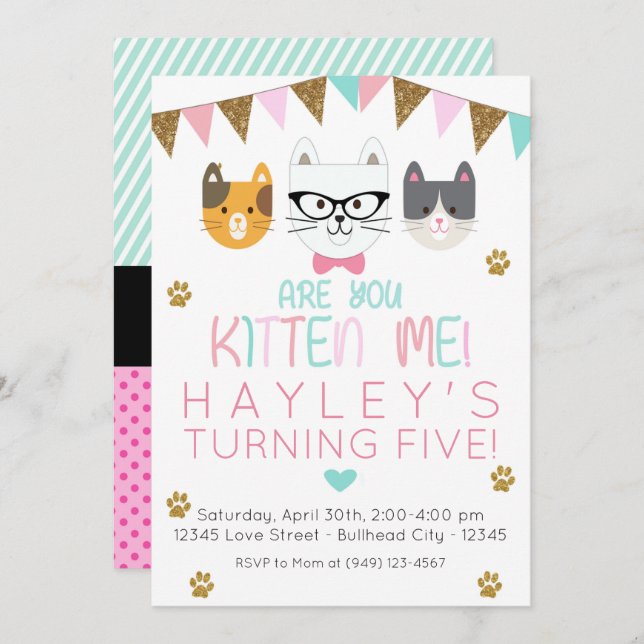 Invitación Pink and Mint Are You Kitten Me Cat Birday (Anverso / Reverso)