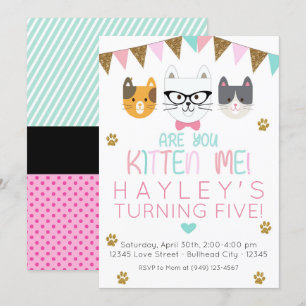 Invitación Pink and Mint Are You Kitten Me Cat Birday
