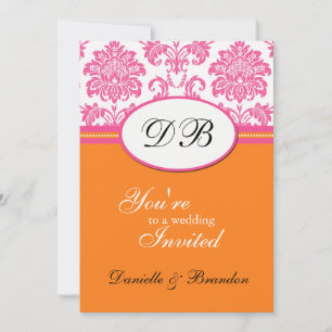 Invitación Pink and Orange Damask Monogram Wedding Invitation