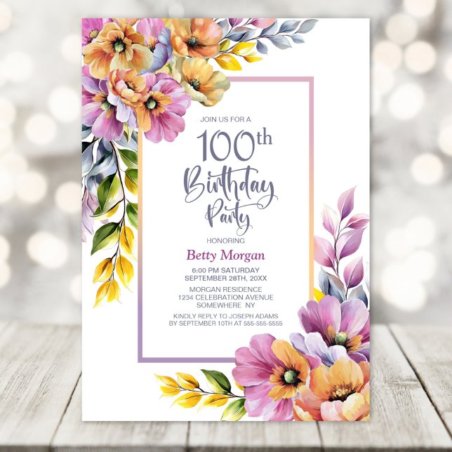 Invitación Pink and Orange Floral 100th Birthday Party (Subido por el creador)