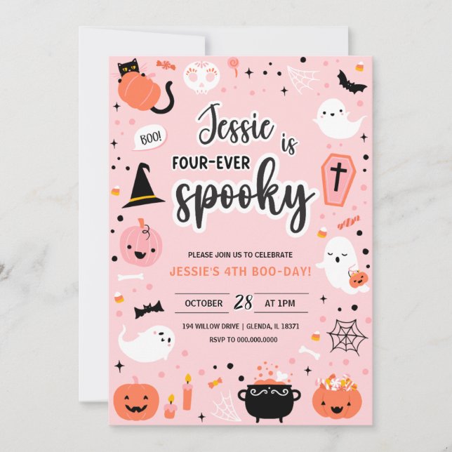 Invitación Pink and Orange Halloween 4th Birthday Invitation  (Anverso)