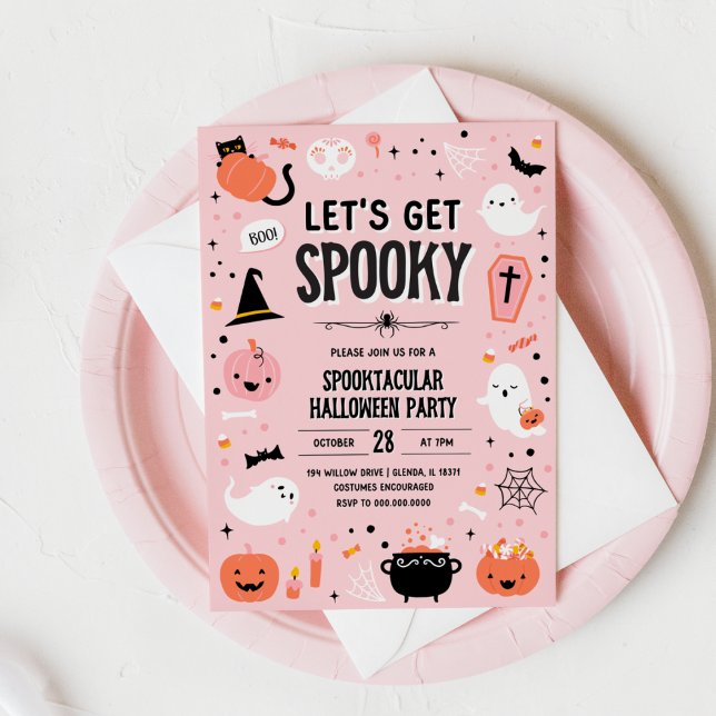 Invitación Pink and Orange Halloween Invitation - Lets Get Sp (Pink and Orange Halloween Invitation - Lets Get Spooky)
