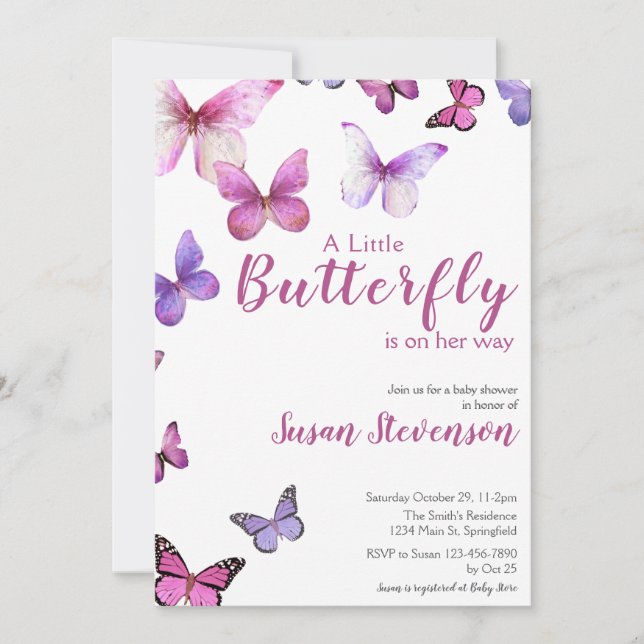 Invitación Pink and Purple A Little Butterfly Baby Shower (Anverso)