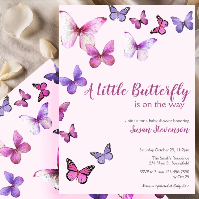 Invitación Pink and Purple A Little Butterfly Baby Shower (Subido por el creador)