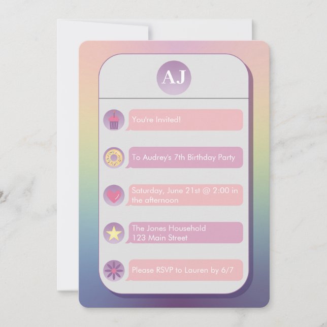 Invitación Pink and Purple Cell Phone Kid's Birthday Party (Anverso)
