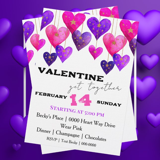 Invitación Pink and Purple Hearts Valentine Day (Cute pink and purple Valentines Day Hearts customizable party invitation
)