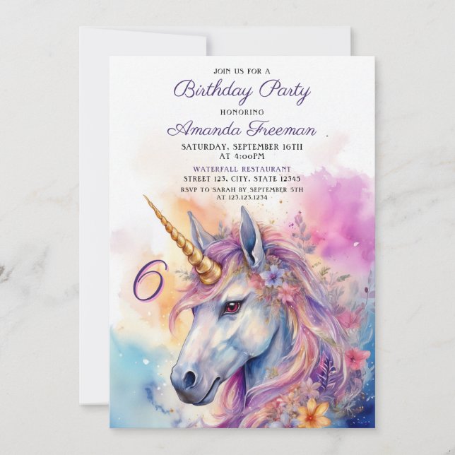 Invitación Pink and Purple Unicornio 6 cumpleaños (Anverso)