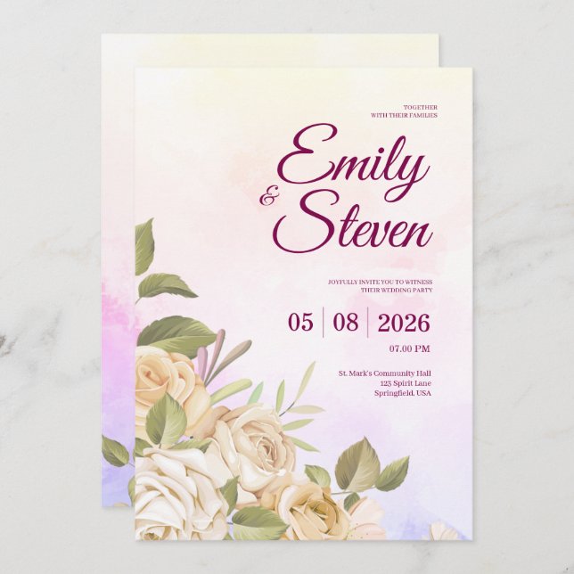 Invitación Pink and Purple Watercolor Elegance Wedding (Anverso / Reverso)