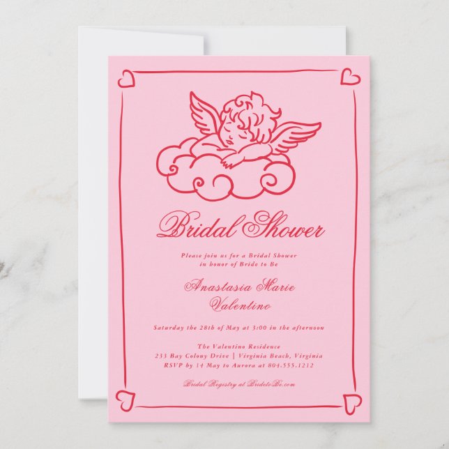 Invitación Pink and Red Cherub Whimsical Bridal Shower  (Anverso)