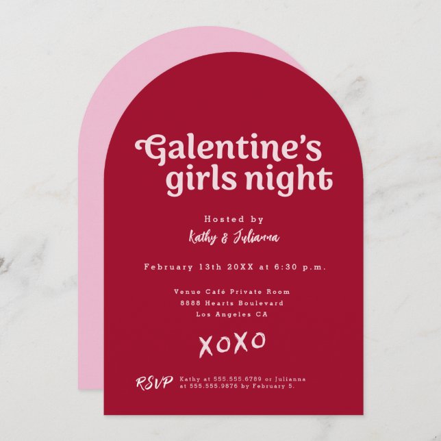 Invitación Pink and Red Galentine's Girls Night Party Modern  (Anverso / Reverso)