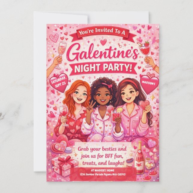 Invitación Pink and Red Galentine's Night Party Invitation (Anverso)