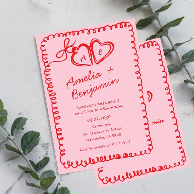 Invitación pink and red hand drawn heart Whimsical Wedding  (Subido por el creador)