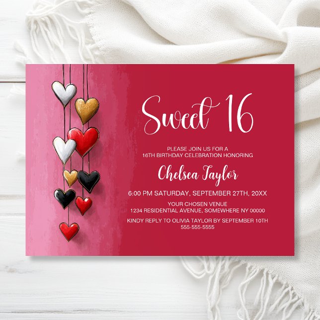 Invitación Pink and Red Heart Theme Sweet 16 Birthday (Subido por el creador)