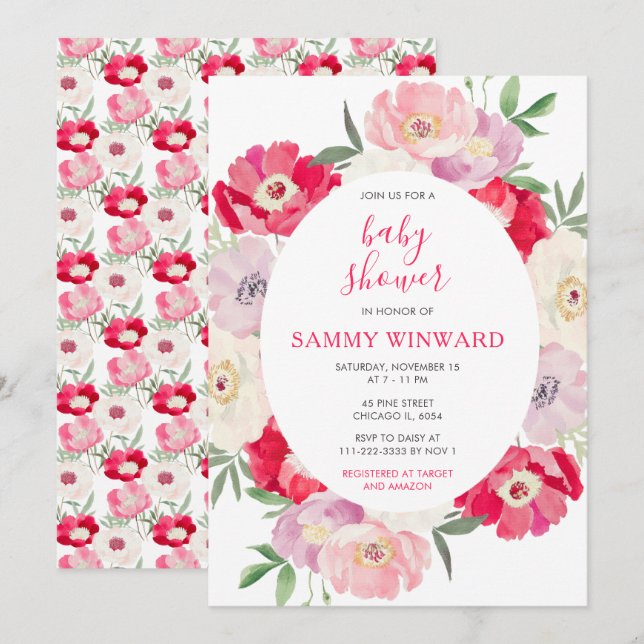 Invitación Pink and Red Peony Flowers Baby Shower (Anverso / Reverso)