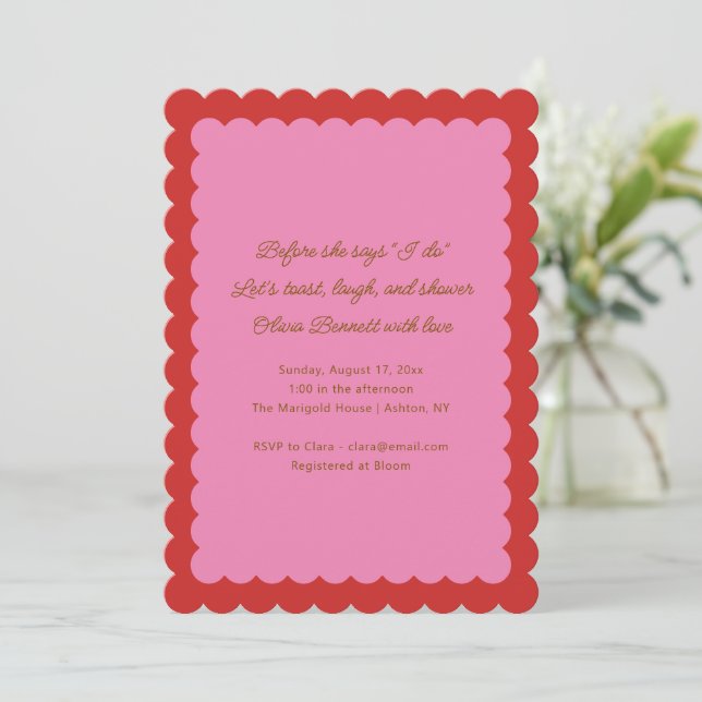 Invitación Pink and Red Scalloped Edge Bridal Shower (Anverso de pie)