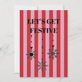 Invitación Pink and red stripes and Christmas snowflakes