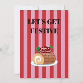 Invitación Pink and red stripes and Christmas yule log