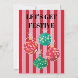 Invitación Pink and red stripes Christmas baubles