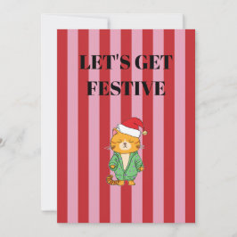 Invitación Pink and red stripes Christmas cat