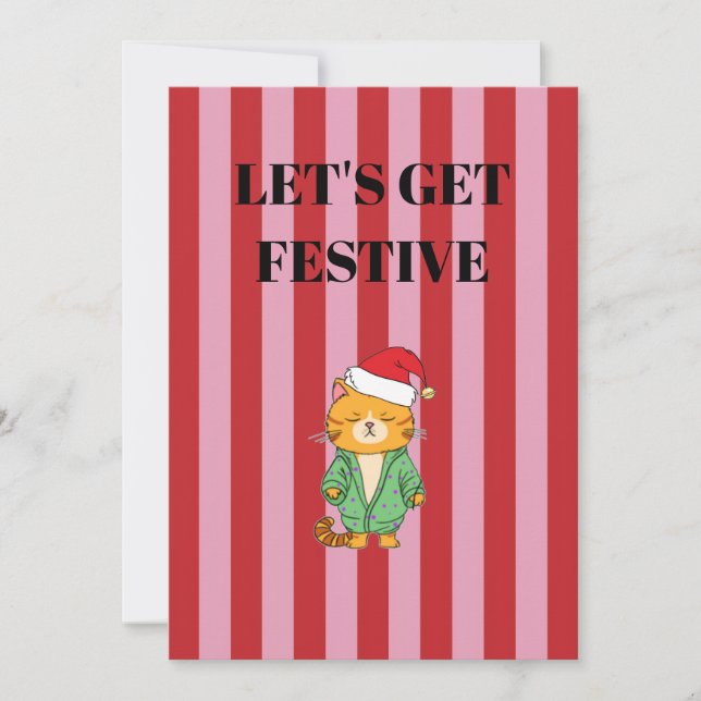 Invitación Pink and red stripes Christmas cat (Anverso)