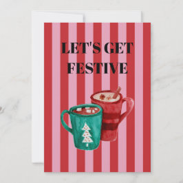 Invitación Pink and red stripes with Christmas mugs