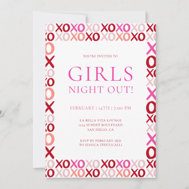 Invitación Pink and Red XOXO Girls night out Galentine's day (Anverso)