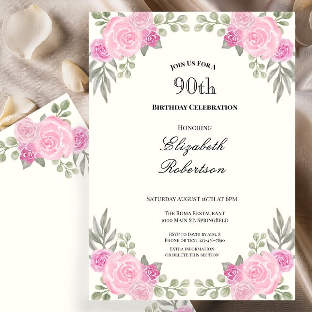 Invitación Pink and Sage Green Floral 90th Birthday (Subido por el creador)