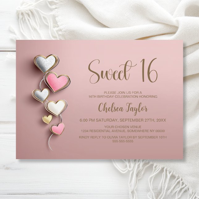 Invitación Pink and Silver Heart Theme Sweet 16 Birthday (Subido por el creador)